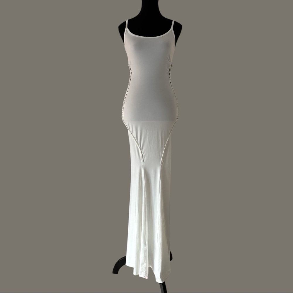 Micas Off-White Pleated Maxi Dress NWT | Hollow Out Slip Style Size S - Picture 5 of 9